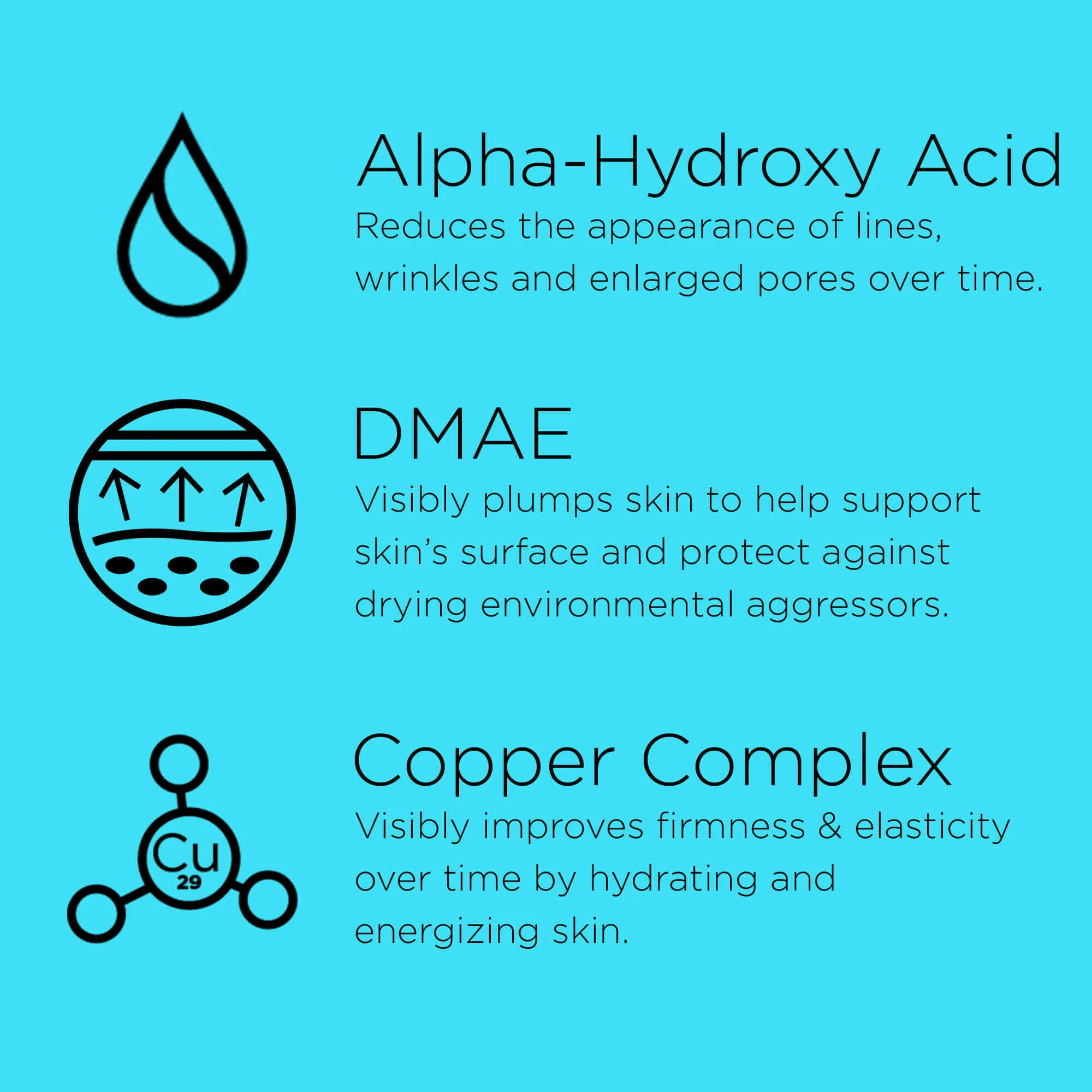 Image of featured ingredients for No:Rinse. Alpha-Hydroxy Acid: Reduces the appearance of lines, wrinkles and enlarged pores over time. DMAE: Visibly plumps skin to help support skin's surface and protect against drying environmental aggressors. Copper Complex: Visibly improves firmness and elasticity over time by hydrating and energizing skin.